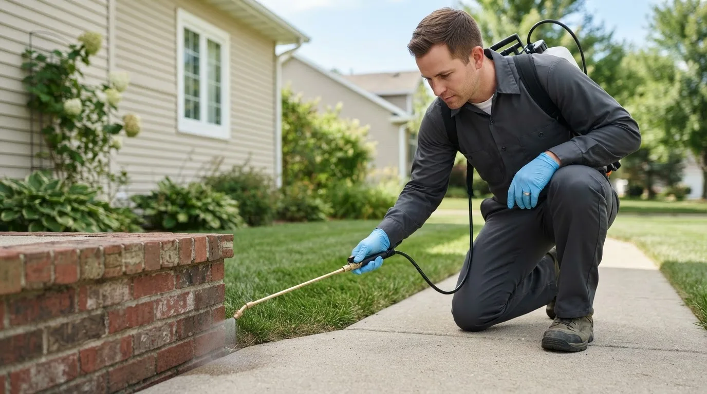 Pest control technician treating a home near Du Quoin, IL